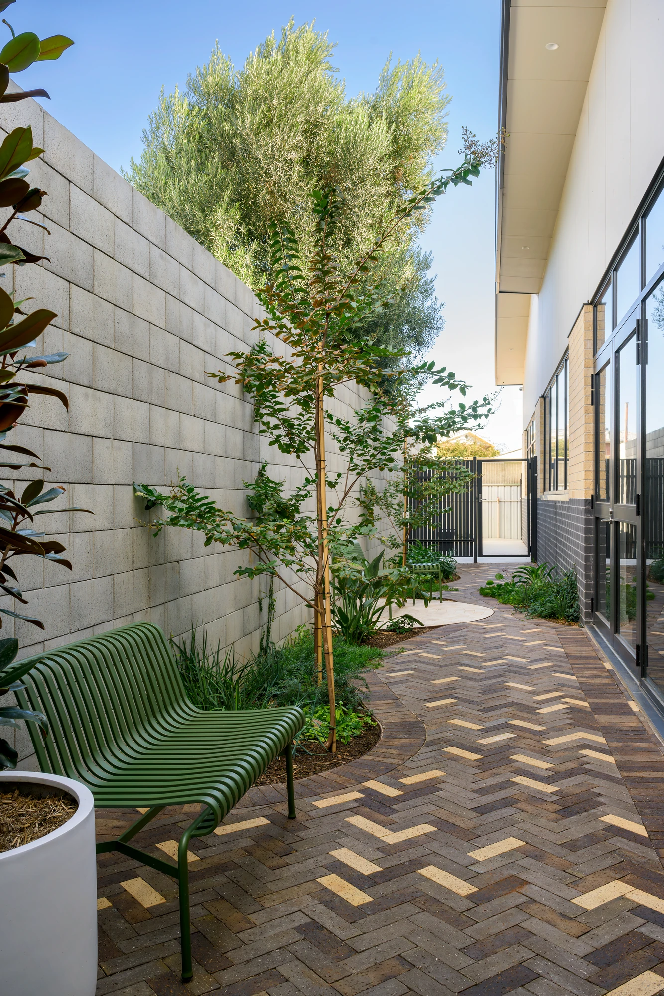 Landscaped garden courtyard with a bench seat, paving and native planting